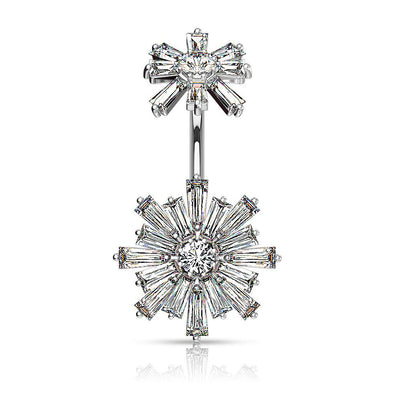Double Tiered Baguette CZ Flower with Internally Threaded CZ Flower Top 316L Surgical Steel WildKlass Belly Button Navel Rings-WildKlass Jewelry