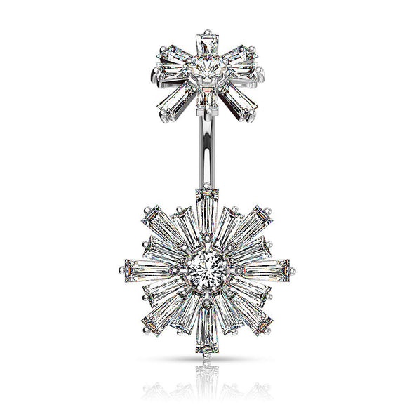 Double Tiered Baguette CZ Flower with Internally Threaded CZ Flower Top 316L Surgical Steel WildKlass Belly Button Navel Rings-WildKlass Jewelry