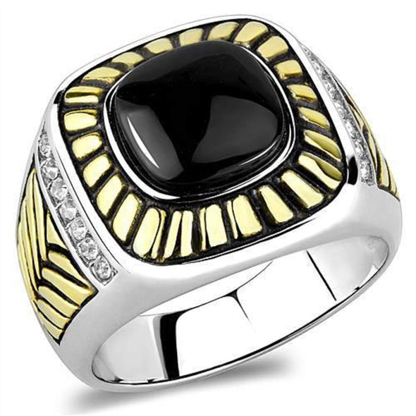 WildKlass Stainless Steel Ring Two-Tone IP Gold Men Synthetic Jet-WildKlass Jewelry