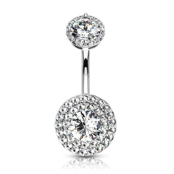 Double Tier Paved CZ Around Large CZ with Internally Threaded Matching Top 316L Surgical Steel WildKlass Belly Rings-WildKlass Jewelry