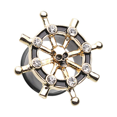 Golden Pirate Ship Anchor Wheel Ear Gauge WildKlass Plug-WildKlass Jewelry