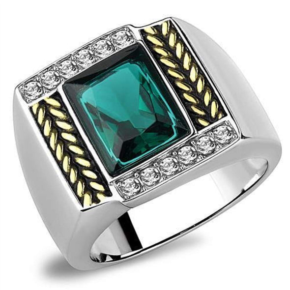 WildKlass Stainless Steel Ring Two-Tone IP Gold Men Synthetic Blue Zircon-WildKlass Jewelry