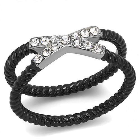 WildKlass Stainless Steel Ring Two-Tone IP Black Women Top Grade Crystal Clear-WildKlass Jewelry