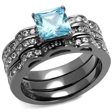 WildKlass Stainless Steel Ring IP Light Black (IP Gun) Women AAA Grade CZ Sea Blue-WildKlass Jewelry
