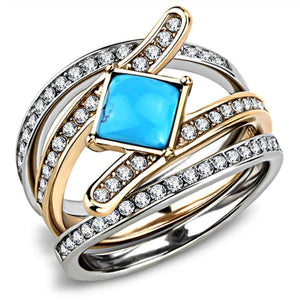 WildKlass Stainless Steel Ring Two-Tone IP Rose Gold Women Synthetic Sea Blue-WildKlass Jewelry