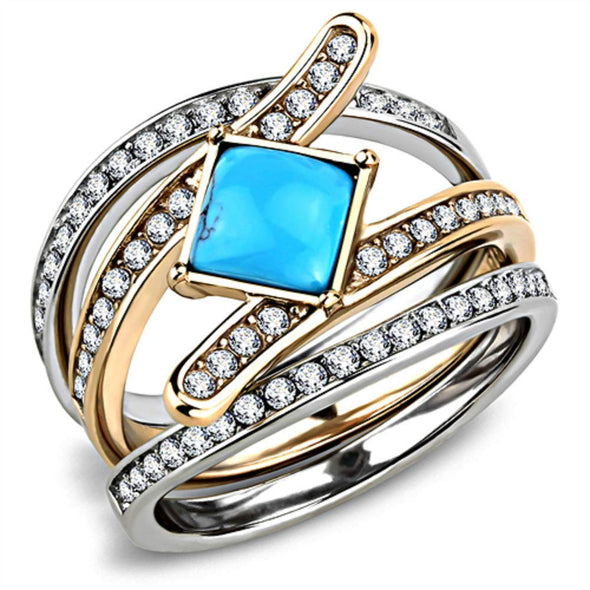 WildKlass Stainless Steel Ring Two-Tone IP Rose Gold Women Synthetic Sea Blue-WildKlass Jewelry