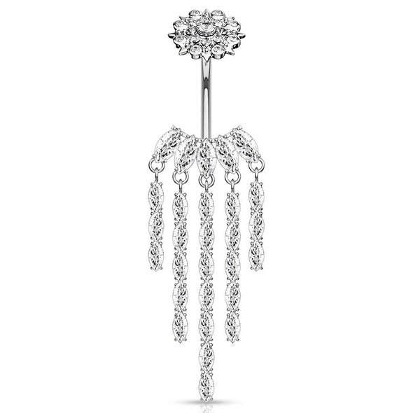 CZ Chandelier with Internally Threaded CZ Flower Top 316L Surgical Steel WildKlass Belly Button Navel Rings-WildKlass Jewelry