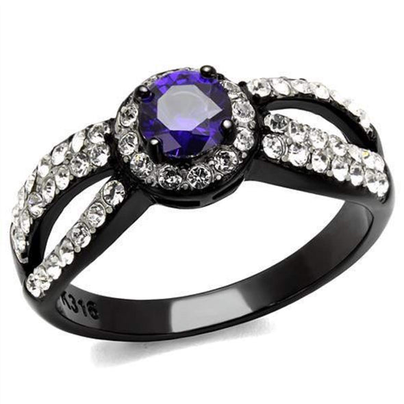 WildKlass Stainless Steel Ring Two-Tone IP Black Women AAA Grade CZ Tanzanite-WildKlass Jewelry