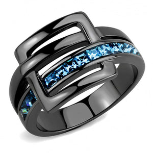 WildKlass Stainless Steel Ring IP Light Black (IP Gun) Women Top Grade Crystal Sea Blue-WildKlass Jewelry