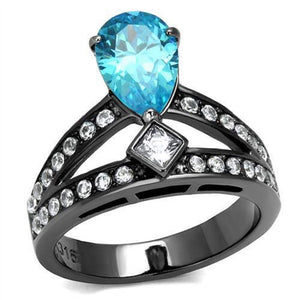 WildKlass Stainless Steel Ring IP Light Black (IP Gun) Women AAA Grade CZ Sea Blue-WildKlass Jewelry