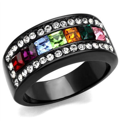 WildKlass Stainless Steel Ring IP Black Women Top Grade Crystal Multi Color-WildKlass Jewelry