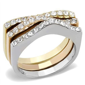 WildKlass Stainless Steel Ring Three Tone IP（IP Gold & IP Rose Gold & High Polished Women Top Grade Crystal Clear-WildKlass Jewelry