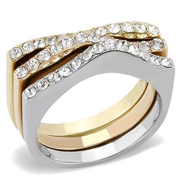 WildKlass Stainless Steel Ring Three Tone IP（IP Gold & IP Rose Gold & High Polished Women Top Grade Crystal Clear-WildKlass Jewelry