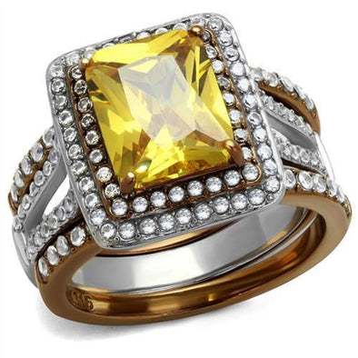 WildKlass Stainless Steel Ring Two Tone IP Light Brown (IP Light Coffee) Women AAA Grade CZ Topaz-WildKlass Jewelry