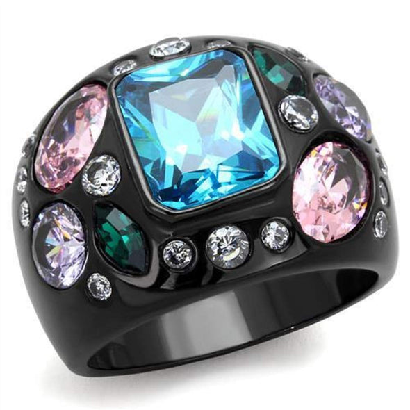 WildKlass Stainless Steel Ring IP Black Women AAA Grade CZ Sea Blue-WildKlass Jewelry