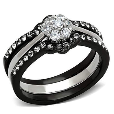 WildKlass Stainless Steel Flower Ring Two-Tone IP Black Women AAA Grade CZ Clear-WildKlass Jewelry