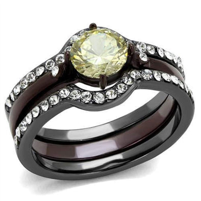 WildKlass Stainless Steel Ring IP Light Black (IP Gun) & IP Dark Brown (IP Coffee) Women AAA Grade CZ Citrine Yellow-WildKlass Jewelry