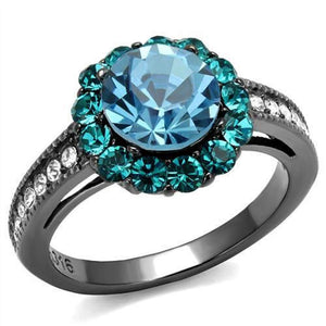 WildKlass Stainless Steel Ring IP Light Black (IP Gun) Women Top Grade Crystal Sea Blue-WildKlass Jewelry