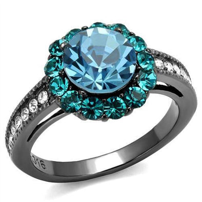 WildKlass Stainless Steel Ring IP Light Black (IP Gun) Women Top Grade Crystal Sea Blue-WildKlass Jewelry