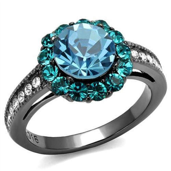 WildKlass Stainless Steel Ring IP Light Black (IP Gun) Women Top Grade Crystal Sea Blue-WildKlass Jewelry
