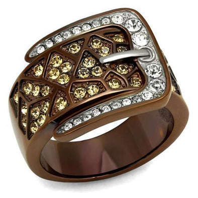 WildKlass Stainless Steel Ring Two Tone IP Light Brown (IP Light Coffee) Women Top Grade Crystal Citrine Yellow-WildKlass Jewelry