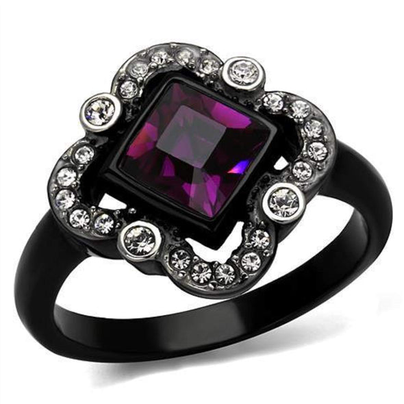 WildKlass Stainless Steel Ring Two-Tone IP Black Women Top Grade Crystal Fuchsia-WildKlass Jewelry