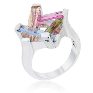 WildKlass Ring 10ct Multicolor CZ Rhodium Plated Cocktail Ring-WildKlass Jewelry