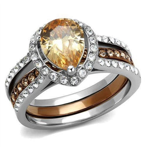 WildKlass Stainless Steel Ring Two Tone IP Light Brown (IP Light Coffee) Women AAA Grade CZ Champagne-WildKlass Jewelry