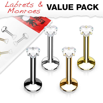 WILDKLASS 4 Pcs Value Pack Internally Threaded Heart Prong Top Gem Labret Monroe Titanium IP Over 316L Surgical Steel-WildKlass Jewelry