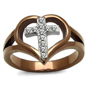 WildKlass Stainless Steel Ring Two Tone IP Light Brown (IP Light Coffee) Women Top Grade Crystal Clear-WildKlass Jewelry