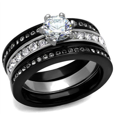 WildKlass Stainless Steel Ring Two-Tone IP Black Women AAA Grade CZ Clear-WildKlass Jewelry