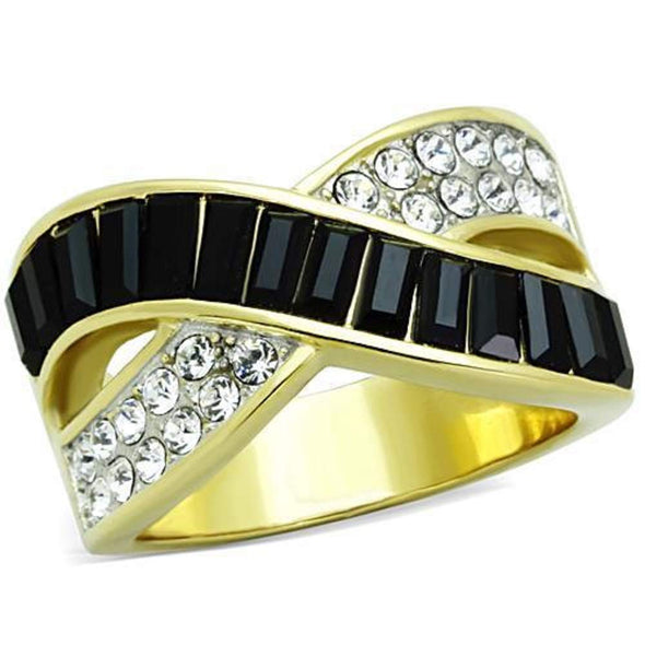 WildKlass Stainless Steel Ring Two-Tone IP Gold Women Top Grade Crystal Jet-WildKlass Jewelry