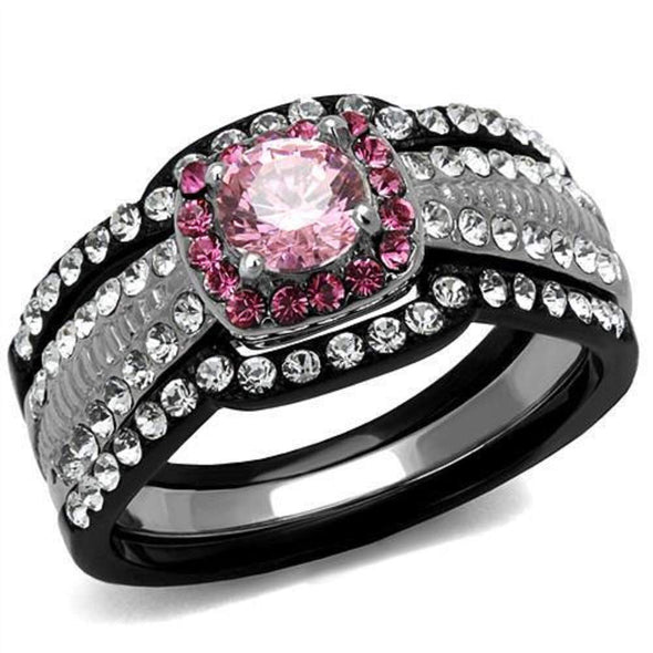 WildKlass Stainless Steel Ring Two-Tone IP Black Women AAA Grade CZ Light Rose-WildKlass Jewelry