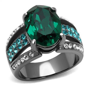 WildKlass Stainless Steel Ring IP Light Black (IP Gun) Women Top Grade Crystal Emerald-WildKlass Jewelry