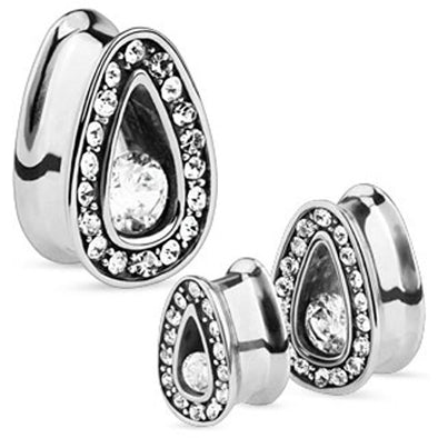 Single Set CZ with Multi Gemmed Rims 316L Surgical Steel Tear Drop Tunnel (Sold as a Pair)-WildKlass Jewelry