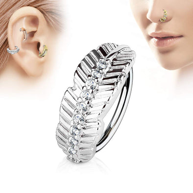 Leaf Design with CZ Paved Center 316L Surgical Steel WildKlass Nose, Cartilage Hoop Rings-WildKlass Jewelry