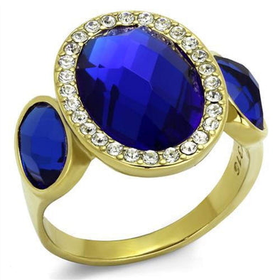 WildKlass Stainless Steel Ring IP Gold Women Synthetic Sapphire-WildKlass Jewelry