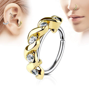 WildKlass CZ Set Twisted Half Circle Top 316L Surgical Steel Nose, Cartilage Hoop Rings-WildKlass Jewelry