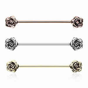 Rose Gold & Golden & Silver Double Rose Flower Industrial Barbell-WildKlass Jewelry