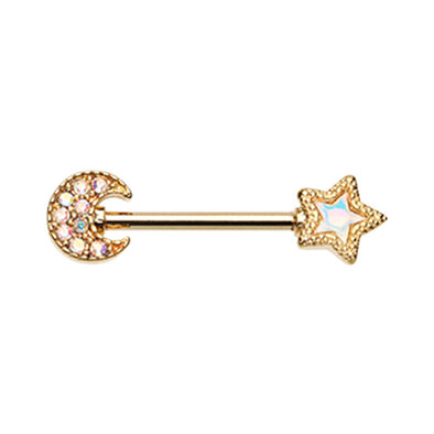 Silver & Gold Glistening Moon & Star Revo Nipple Barbell Ring-WildKlass Jewelry