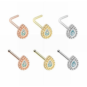 Rose Gold, Gold, Silver Sparkling Ornate Teardrop L-Shape & Stud Nose Ring-WildKlass Jewelry