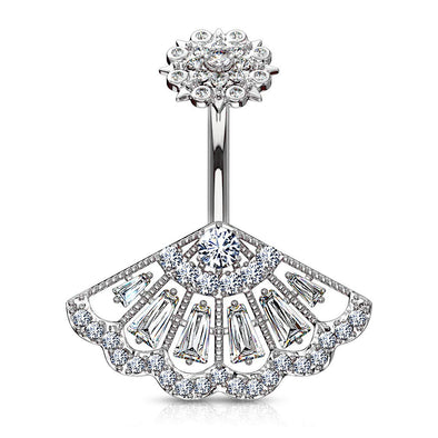 CZ Paved Vintage Fan with Internally Threaded CZ Paved Filigree Top 316L Surgical Steel WildKlass Belly Button Rings-WildKlass Jewelry