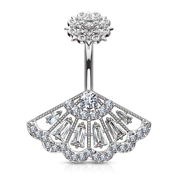 CZ Paved Vintage Fan with Internally Threaded CZ Paved Filigree Top 316L Surgical Steel WildKlass Belly Button Rings-WildKlass Jewelry
