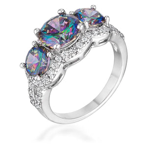 WildKlass 4 Ct Three Stone Rhodium Plated Ring with Mystic and Clear CZ-WildKlass Jewelry