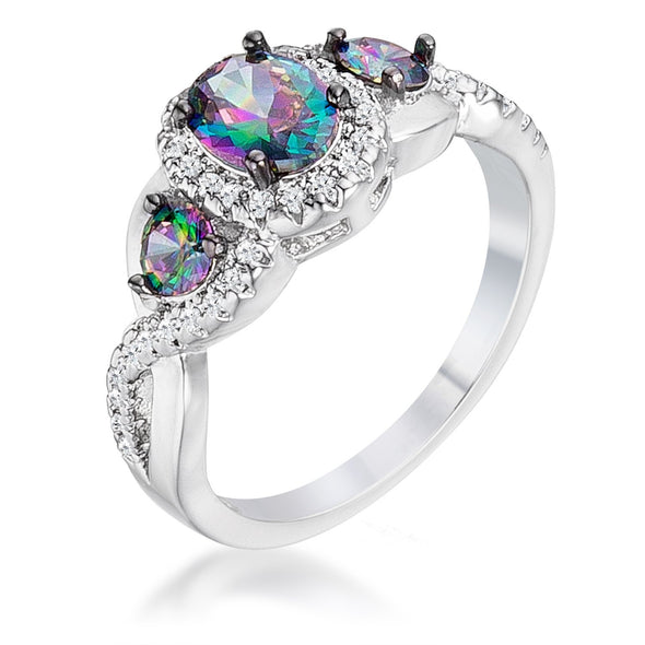WildKlass 1.43Ct Rhodium Plated & Hematite Plated Mystic & Clear CZ Three Stone Twisted Shank Ring-WildKlass Jewelry