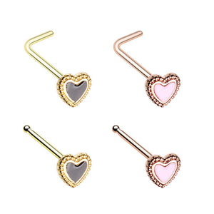 Golden & Rose Gold Doily Valentine Heart L-Shape& Stud Nose Ring-WildKlass Jewelry