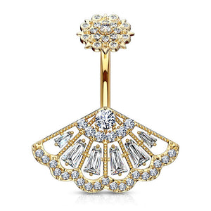 CZ Paved Vintage Fan with Internally Threaded CZ Paved Filigree Top 316L Surgical Steel WildKlass Belly Button Rings-WildKlass Jewelry