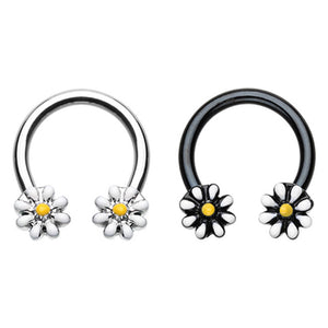 Silver & Black Daisy Flower Horseshoe Circular Barbell-WildKlass Jewelry