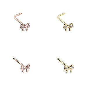 Golden & Rose Gold Dainty Bow-Tie Sparkle Gem L-Shape & Stud Nose Ring-WildKlass Jewelry