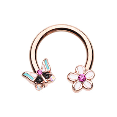 Rose Gold & Silver Spring Butterfly Flower Horseshoe Circular Barbell-WildKlass Jewelry